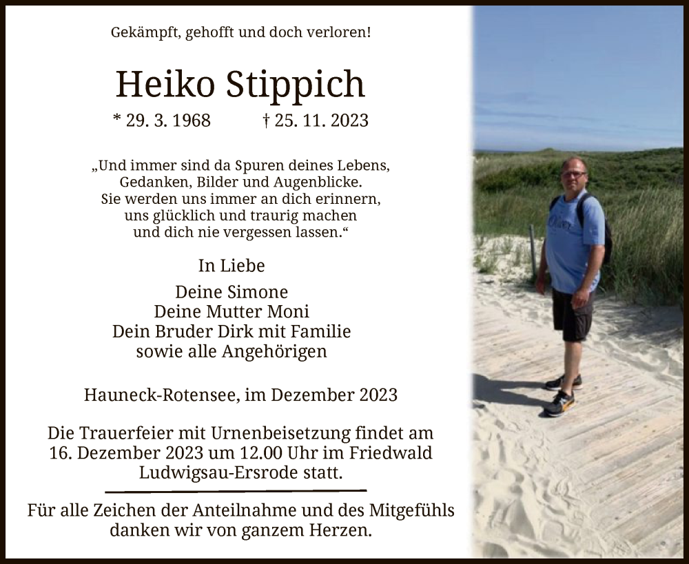  Traueranzeige für Heiko Stippich vom 09.12.2023 aus HZHNA