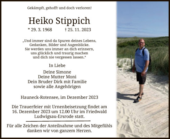 Traueranzeige von Heiko Stippich von HZHNA