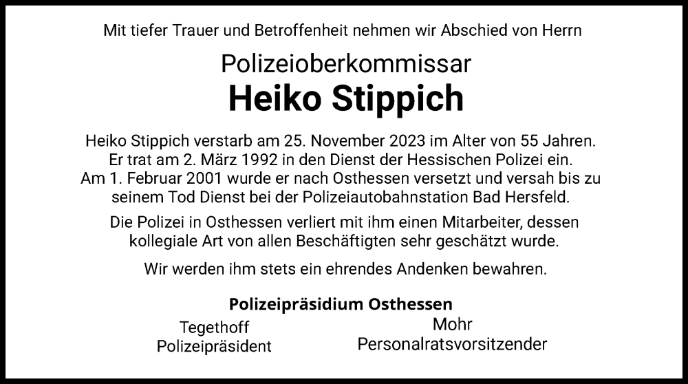  Traueranzeige für Heiko Stippich vom 09.12.2023 aus HZ