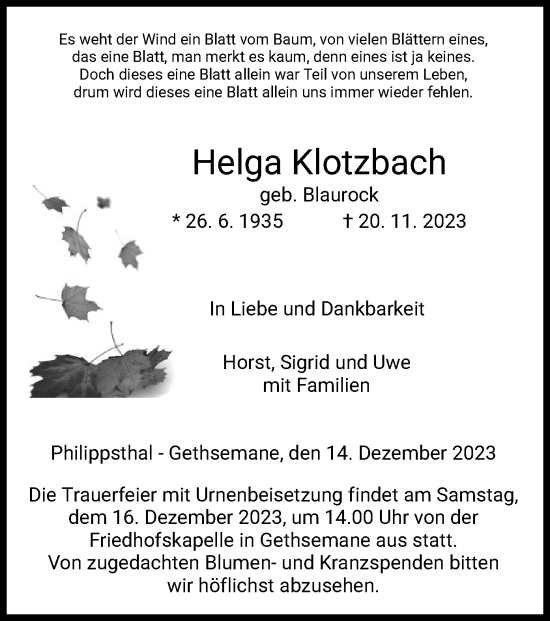 Traueranzeige von Helga Klotzbach von HZ