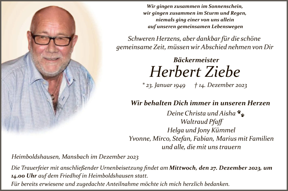  Traueranzeige für Herbert Ziebe vom 23.12.2023 aus HZ