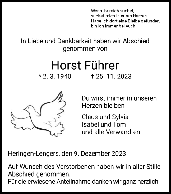Traueranzeige von Horst Führer von HZHNA