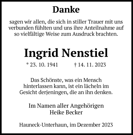 Traueranzeige von Ingrid Nenstiel von HZ