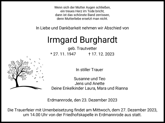 Traueranzeige von Irmgard Burghardt von HZ