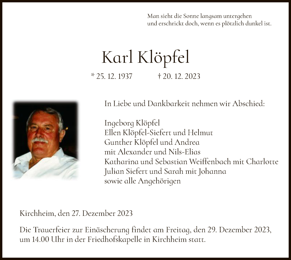  Traueranzeige für Karl Klöpfel vom 27.12.2023 aus HZ