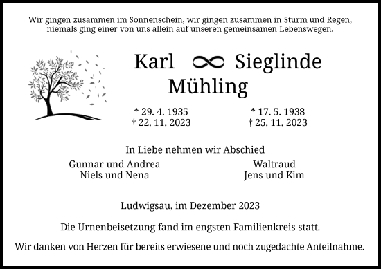 Traueranzeige von Karl und Sieglinde Mühling von HZ