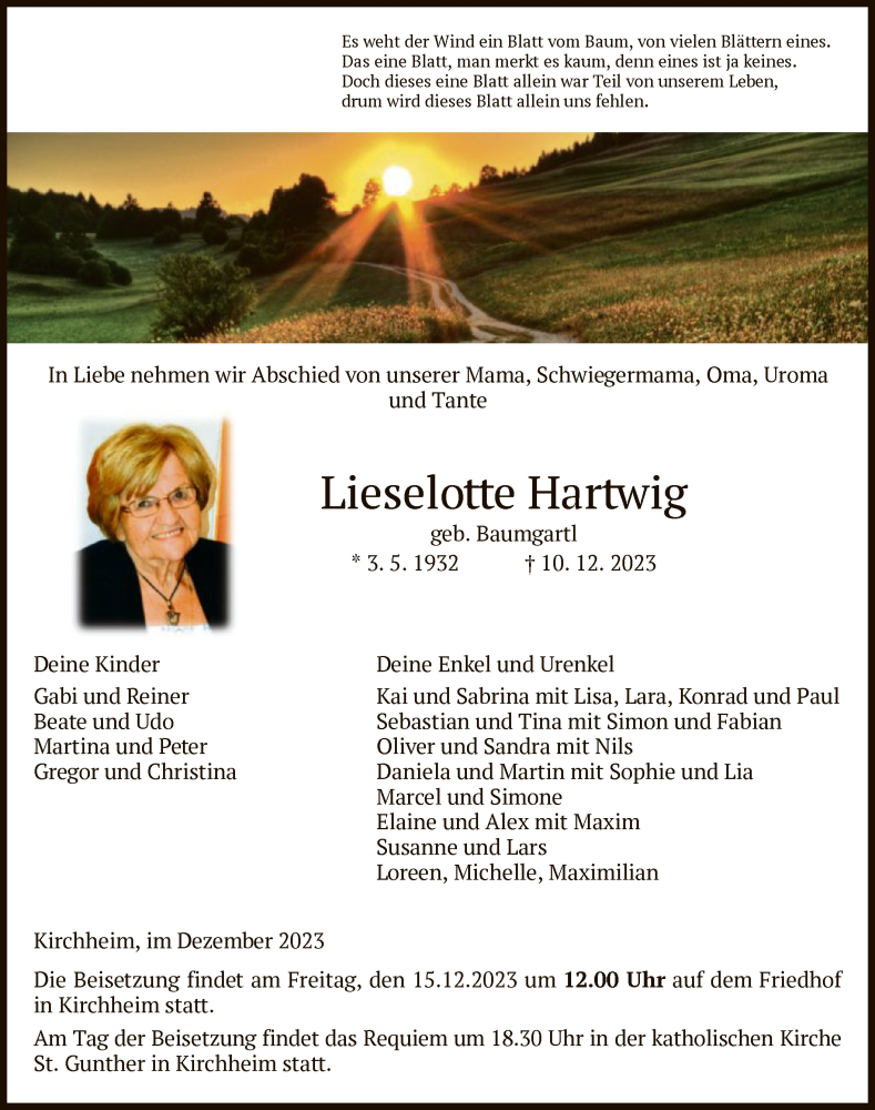  Traueranzeige für Lieselotte Hartwig vom 13.12.2023 aus HZ