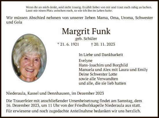 Traueranzeige von Margrit Funk von HZ