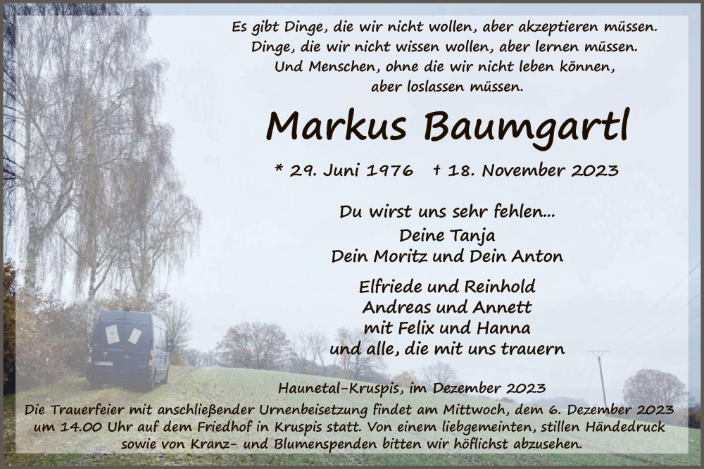  Traueranzeige für Markus Baumgartl vom 01.12.2023 aus HZ