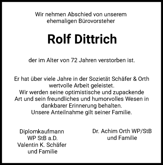 Traueranzeige von Rolf Dittrich von HZ