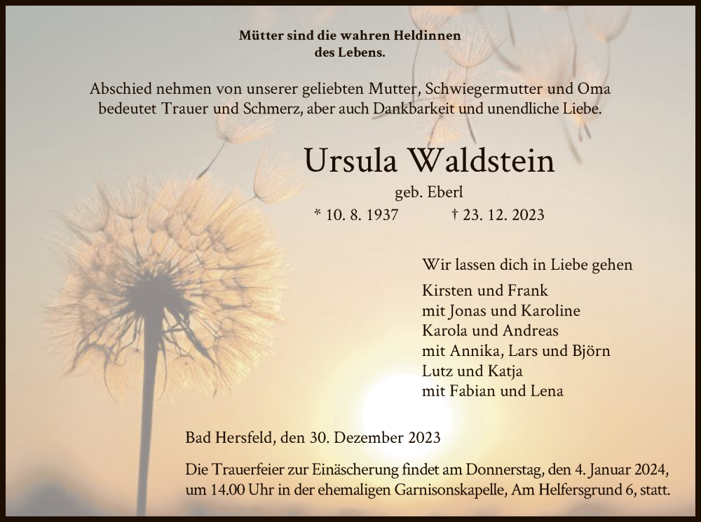  Traueranzeige für Ursula Waldstein vom 30.12.2023 aus HZ