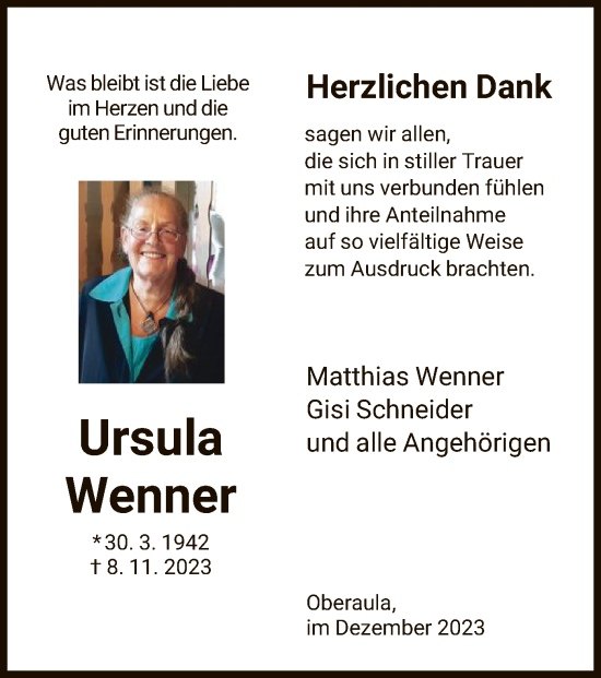 Traueranzeige von Ursula Wenner von HNAHZ