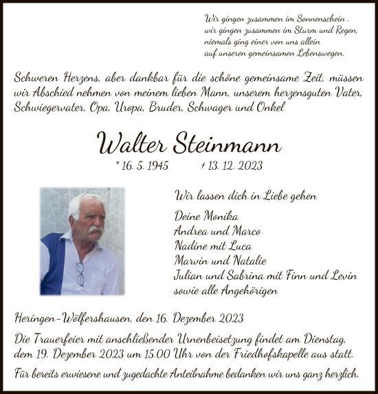 Traueranzeige von Walter Steinmann von HZ