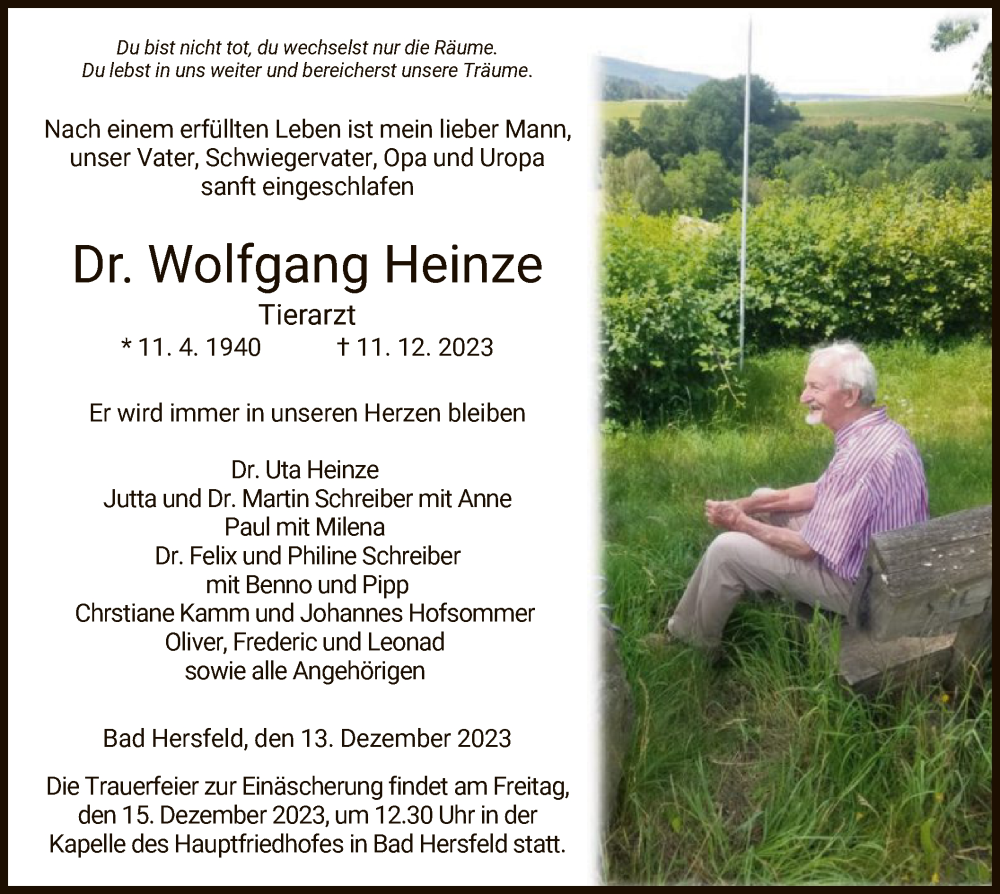  Traueranzeige für Wolfgang Heinze vom 13.12.2023 aus HZ