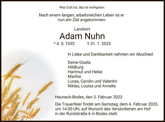 Traueranzeige von Adam Nuhn von HZ