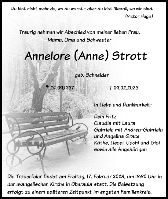 Traueranzeige von Annelore  Strott von HZ