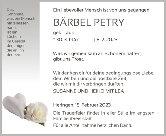 Traueranzeige von Bärbel Petry von HZ