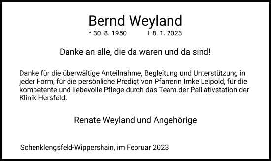 Traueranzeige von Bernd Weyland von HZ