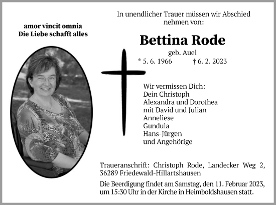 Traueranzeige von Bettina Rode von HZ