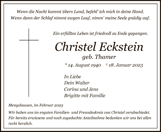 Traueranzeige von Christel Eckstein von HZ