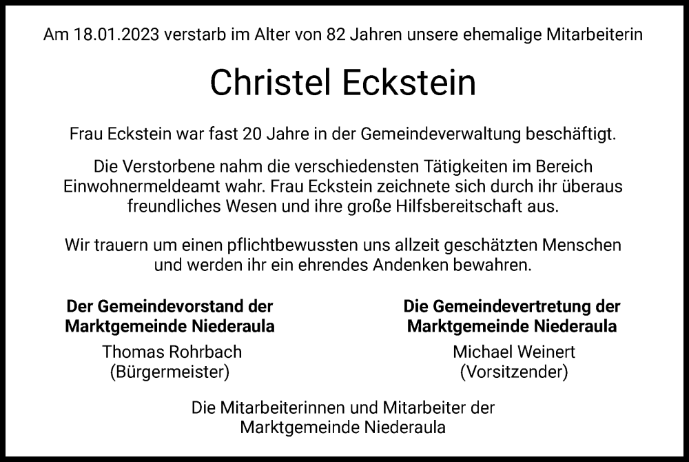  Traueranzeige für Christel Eckstein vom 03.02.2023 aus HZ