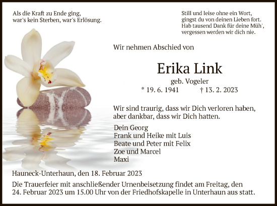 Traueranzeige von Erika Link von HZ