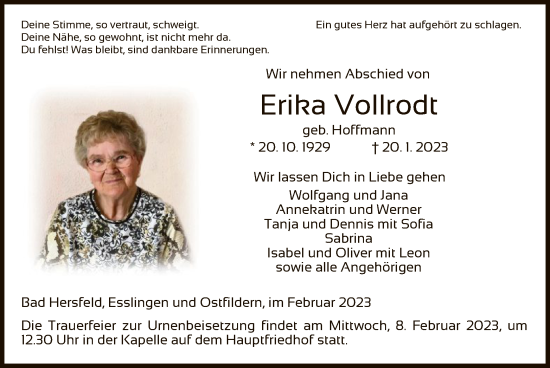 Traueranzeige von Erika Vollrodt von HZ