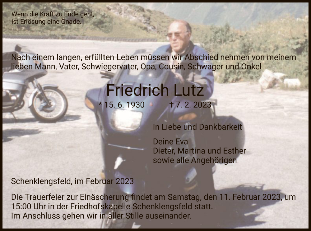  Traueranzeige für Friedrich Lutz vom 09.02.2023 aus HZ