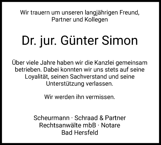 Traueranzeige von Günter Simon von HZ