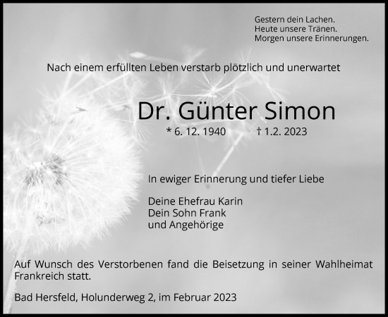 Traueranzeige von Günter Simon von HZ