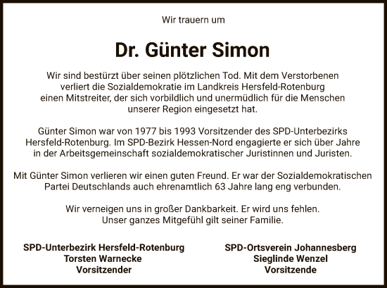Traueranzeige von Günter Simon von HZ