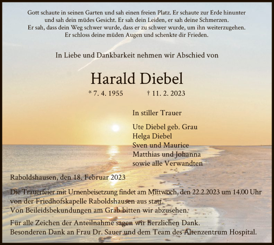 Traueranzeige von Harald Diebel von HZ