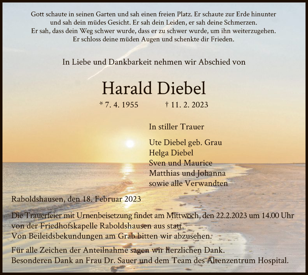  Traueranzeige für Harald Diebel vom 18.02.2023 aus HZ