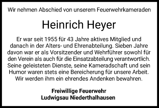 Traueranzeige von Heinrich Heyer von HZ