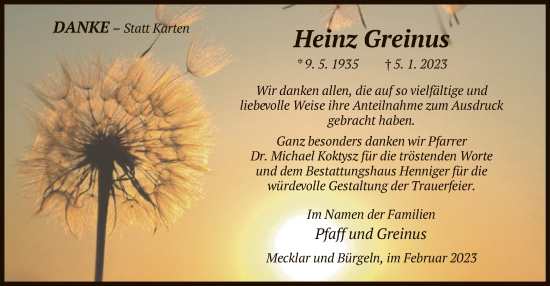 Traueranzeige von Heinz Greinus von HZ