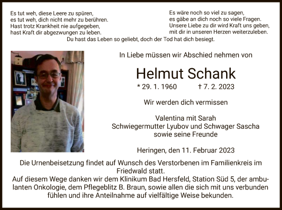 Traueranzeige von Helmut Schank von HZ