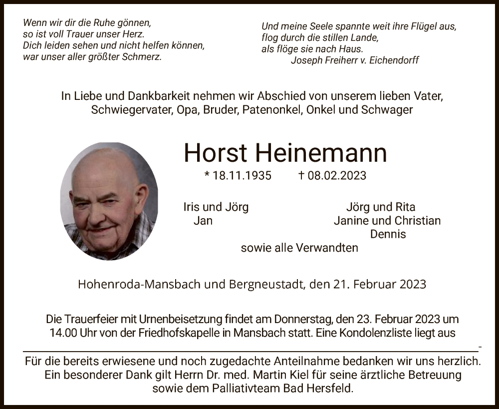  Traueranzeige für Horst Heinemann vom 21.02.2023 aus HZ