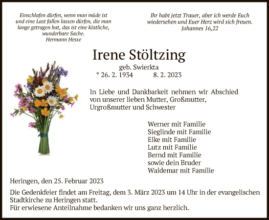 Traueranzeige von Irene Stöltzing von HZ