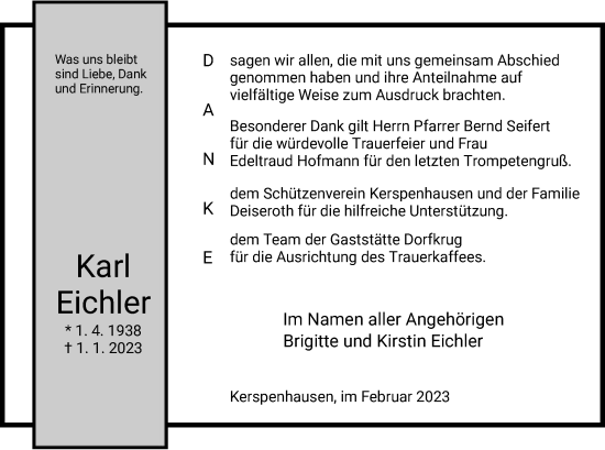 Traueranzeige von Karl Eichler von HZ