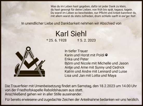 Traueranzeige von Karl Siehl von HZ
