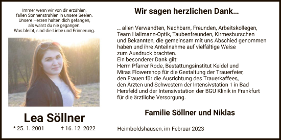 Traueranzeige von Lea Söllner von HZ