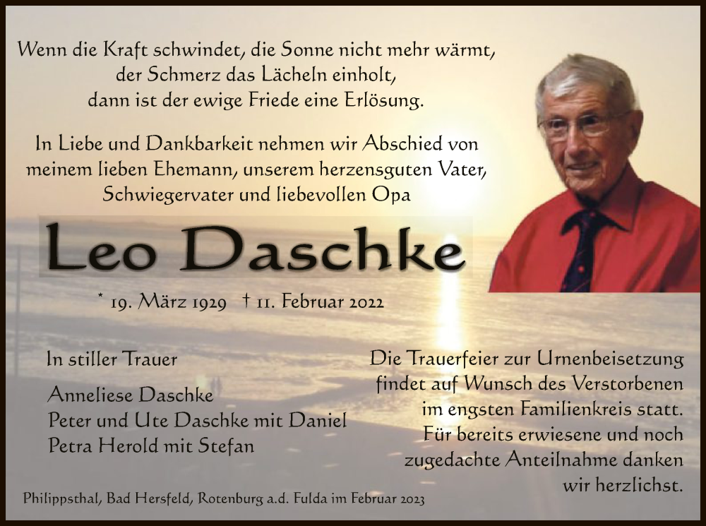  Traueranzeige für Leo Daschke vom 25.02.2023 aus HZ