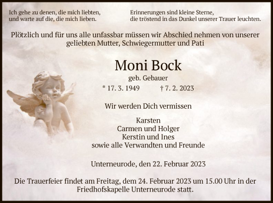 Traueranzeige von Moni Bock von HZ