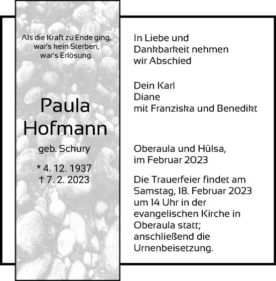 Traueranzeige von Paula Hofmann von HNA