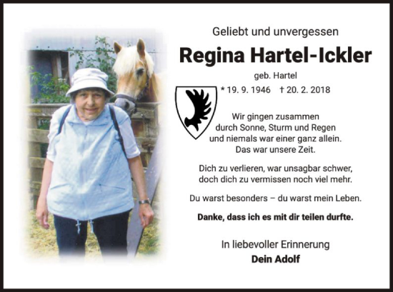 Traueranzeige von Regina Hartel-Ickler von HZ