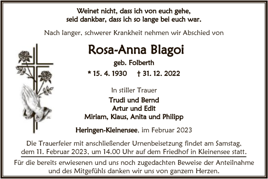 Traueranzeige von Rosa-Anna Blagoi von HZ