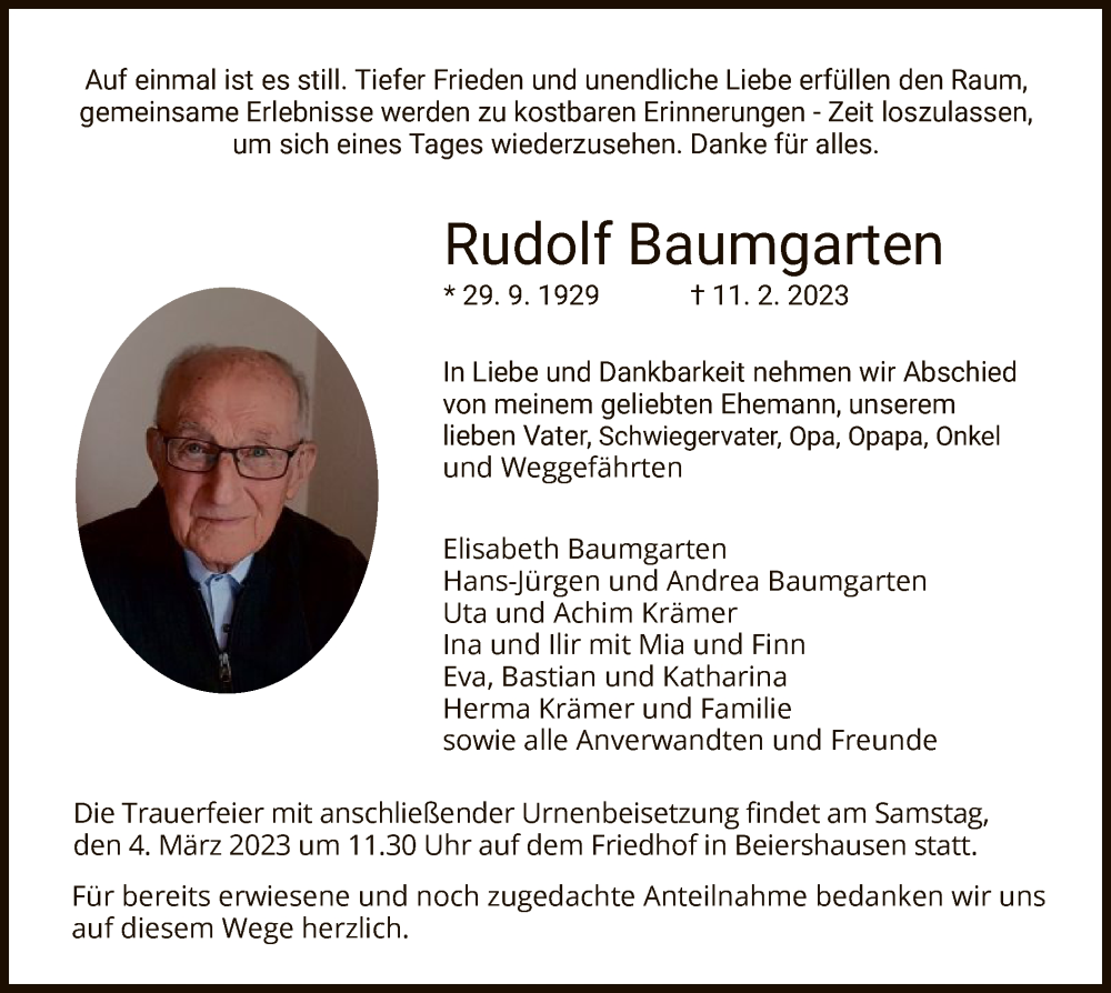  Traueranzeige für Rudolf Baumgarten vom 25.02.2023 aus HZ