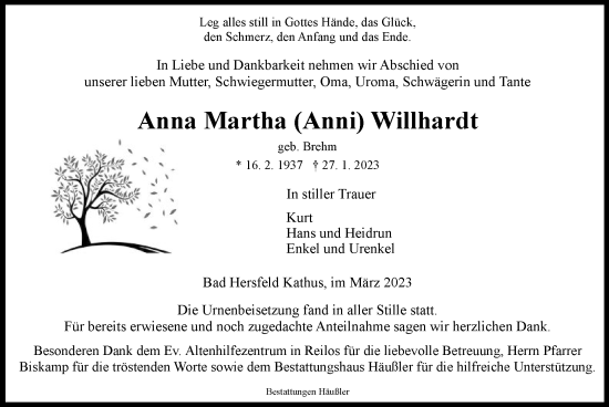 Traueranzeige von Anna Martha Willhardt von HZ