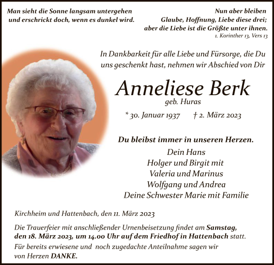 Traueranzeige von Anneliese Berk von HZ