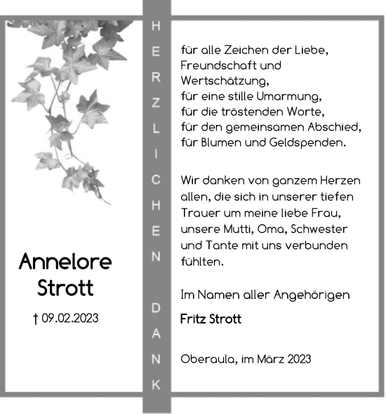 Traueranzeige von Annelore  Strott von HZ